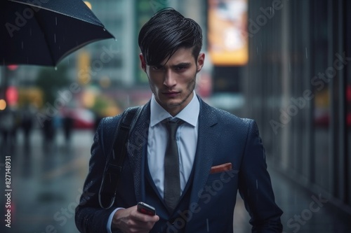 A businessman is sheltering from rain and waiting where he can avoid getting wet in the city