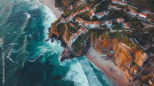 Azenhas do Mar, located in Sintra, Portugal, is a cliffside village with breathtaking views of the Atlantic Ocean. The sound of waves crashing below and the charming houses above create a serene and b photo
