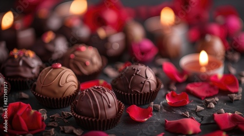 A selection of fine chocolates on a rose-petal-strewn background with soft candlelight photo