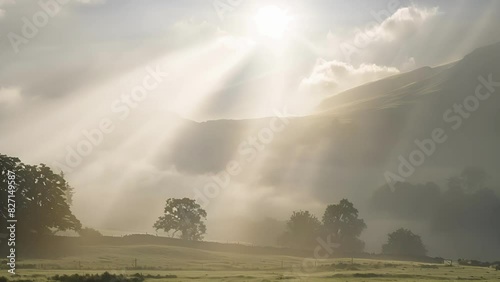 Thick fog obscures the view but the crepuscular rays shining through the mist give a sense of mystery and magic to the landscape. photo
