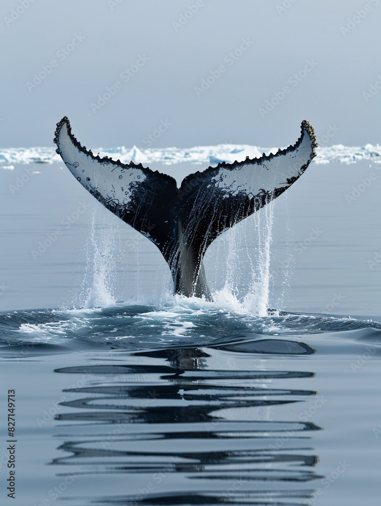 Fototapeta premium A majestic humpback whale slapping its pectoral fin on a tranquil, smooth ocean surface.