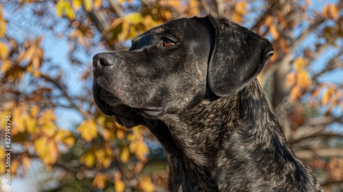  A dog s face  tightly framed  faces a tree Leaves populate the foreground and background Sky above is blue  dotted with white clouds