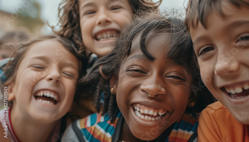 A group of children are smiling ourdoors