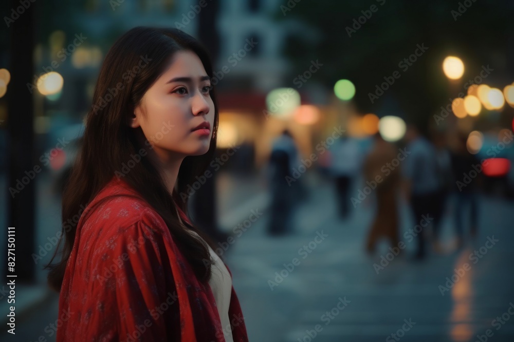 An Asian woman is walking in the street