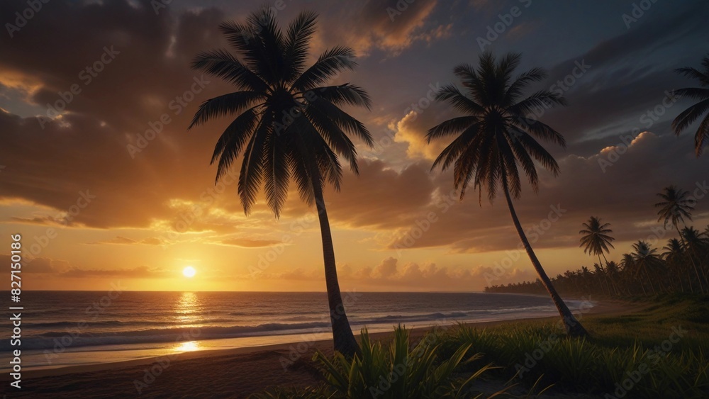 flat illustration of coconut tree with sunset flat illustration of coconut tree with sunset