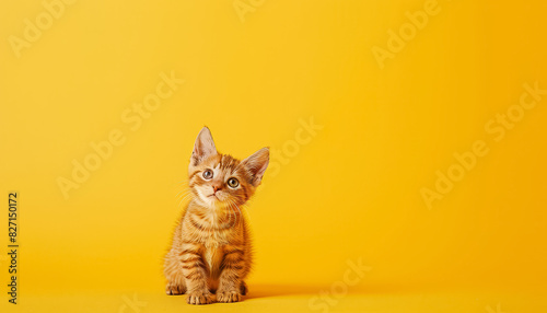 A kitten is sitting on a yellow background photo