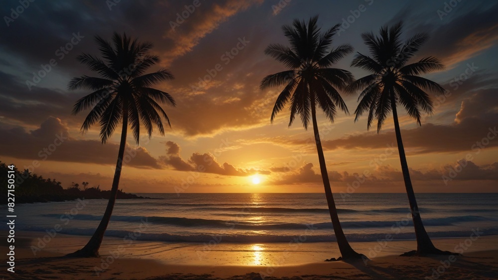 Obraz premium flat illustration of coconut tree with sunset