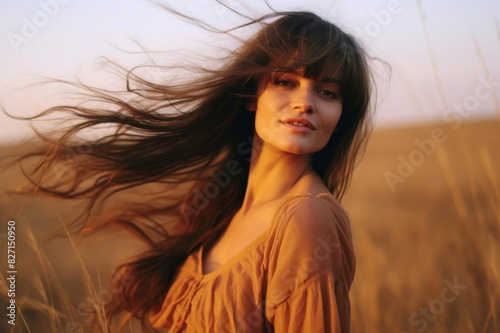 beautiful young woman enjoying the wind while sitting in high grass