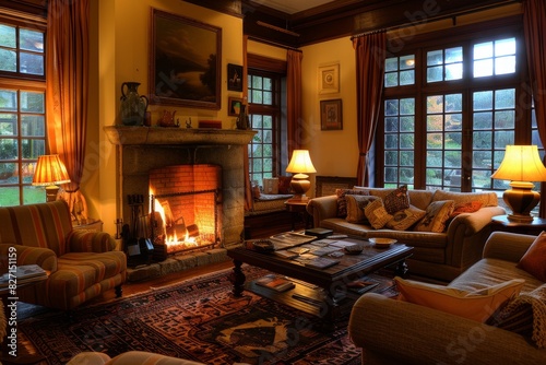 Cozy living room with a fireplace and plush furniture, warm and inviting, ideal for a homey setting © Pornarun