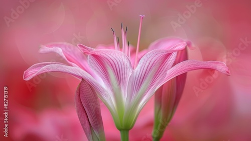  A close-up of a pink flower with a blurred background Single flower in the foreground Background softly blurred