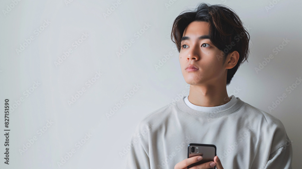 Pensive young Asian man with a blank expression, holding a smartphone, isolated on white