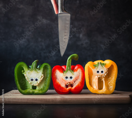 Funny image of scared bell peppers as knife comes at them from above. photo