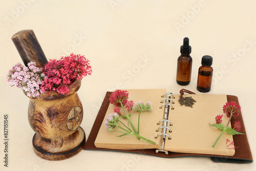 Red and pink valerian herb flowers in a mortar with old hemp notebook and essential oil bottles. Used in traditional perfume making. On hemp paper background. Valeriana.