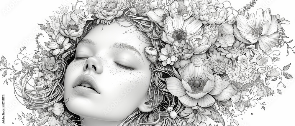Black and white portrait of woman and girl Close your eyes. showcasing beauty fashion art style. Coloring Book beautiful art luxury girl hair with flower floral decoration Black and white portrait of woman and girl Close your eyes. showcasing beauty fashion art style. Coloring Book beautiful art luxury girl hair with flower floral decoration