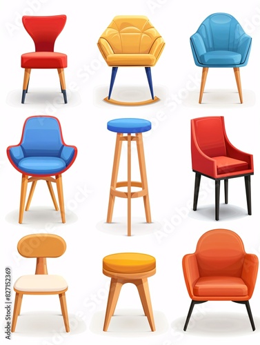 A collection of 3D seating options, including a comfortable chair, small stool, and tall chair without a back. Perfect for home decor, with colorful icons  © ckybe