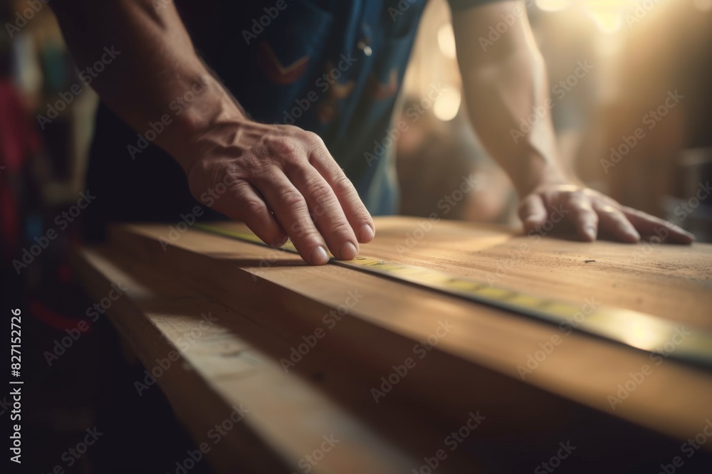 Close up of unrecognizable carpenter marking measurements on a piece of wood. Close up of unrecognizable manual worker measuring plank with tape measure