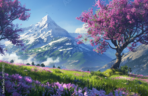 The snowcapped mountain is in the distance, with grass and purple flowers on both sides of it. A tree full of pink blossoms stands tall in the style of its side. Created with Ai © Seema