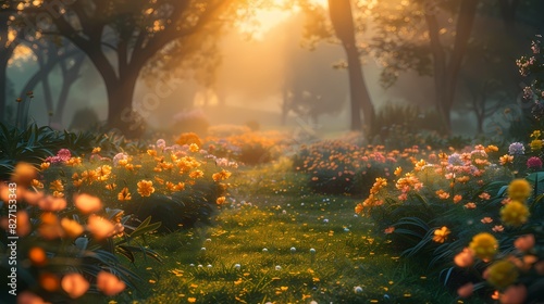 A peaceful garden with softly colored blossoms, illuminated by the soft light of dawn