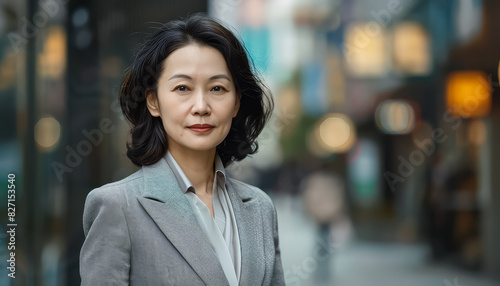 A woman in a gray suit is standing on a city street