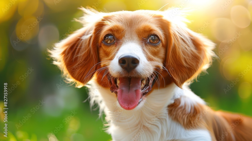  A close-up of a brown and white dog with its tongue out and hanging loosely from its mouth