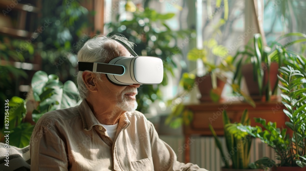 Craft a digital artwork showcasing a virtual reality system tailored for seniors, featuring serene nature scenes and ergonomic, comfortable design Craft a digital artwork showcasing a virtual reality system tailored for seniors, featuring serene nature scenes and ergonomic, comfortable design