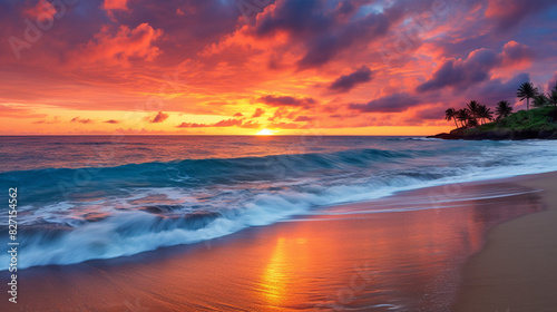 An HDR image capturing the vibrant sunset over a tropical beach  with the sky s brilliant oranges and pinks reflected in the wet sand and gentle waves.