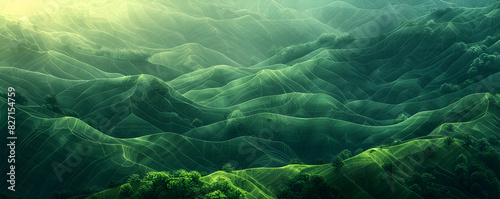 Lush digital green hills, trees, valleys peak and trough covered in stylized foliage and morning sun light effects, nature earth organic landscape banner, abstract wallpaper and background design photo