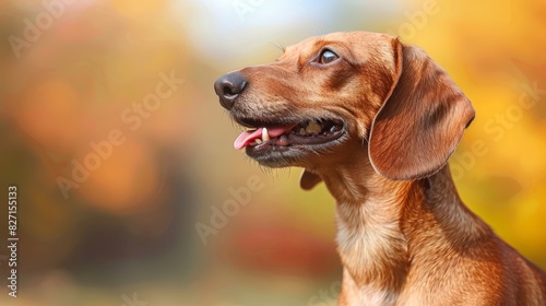  A tight shot of a dog's expression, tongue extended in playfulness, against a backdrop of trees and leaves gently blurred