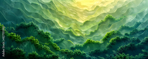 abstract green background with waves landscape, organic green hills, valleys and forest bathed in the Sunlight, morning mist in the forest, banner, wallpaper and background 
