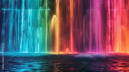 Craft a dynamic composition of light painting that appears as if streaks of liquid color are cascading down a vertical canvas
