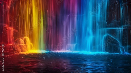 Craft a dynamic composition of light painting that appears as if streaks of liquid color are cascading down a vertical canvas