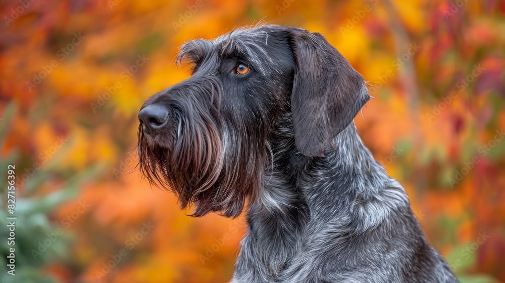 A tight shot of a dog's expression, eyes gazing out, before a backdrop of trees with blurred orange, yellow, and green foliage A tight shot of a dog's expression, eyes gazing out, before a backdrop of trees with blurred orange, yellow, and green foliage