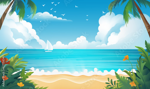 a cartoon illustration of a beach scene with palm trees and a boat in the water.