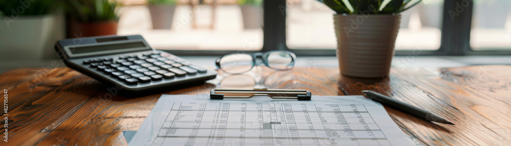 Frontal view of a perfectly organized tax document on a wooden desk, high-resolution photorealistic image, bright natural lighting, sharp focus, emphasizing neatness and clarity Frontal view of a perfectly organized tax document on a wooden desk, high-resolution photorealistic image, bright natural lighting, sharp focus, emphasizing neatness and clarity