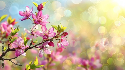  A close-up of a pink flower on a tree branch with a blurred backlight bokeh behind it, and a blurred bokeh of the background