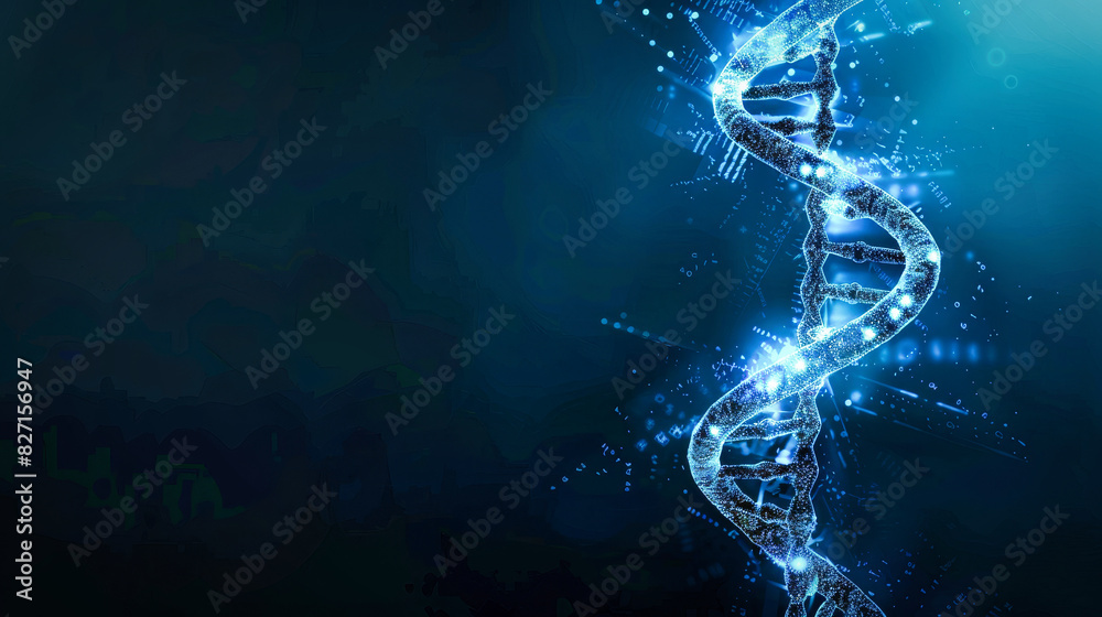 Obraz premium A glowing DNA double helix on a black background