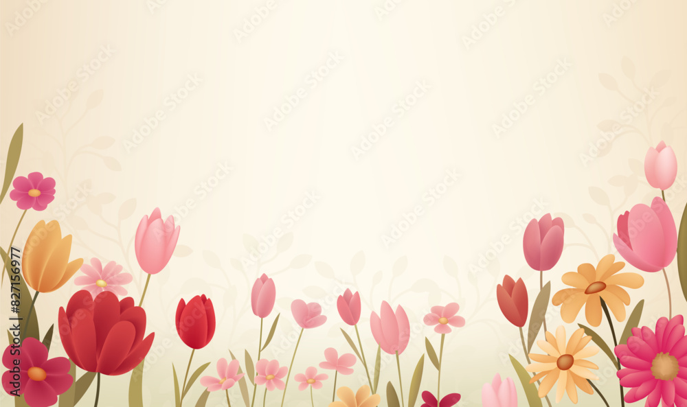 a pink and yellow flowered wall with a pink tulip in the middle
