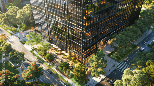 Aerial view of the exterior wall of an office building with green plants on top and below