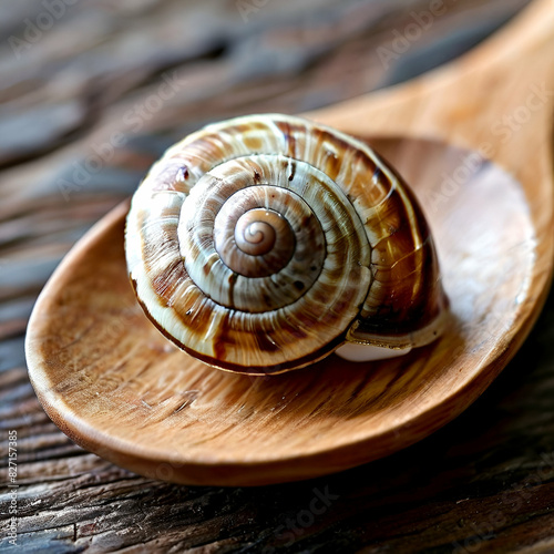 a small snail shell on a wooden spoon