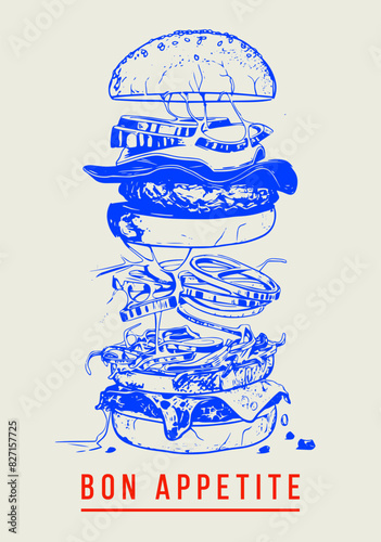 Burger, bon appetit. Poster. Elevate your kitchen or dining space with our "Bon Appétit" Burger Art Print. This unique and vibrant illustration features a deconstructed gourmet burger, meticulously de
