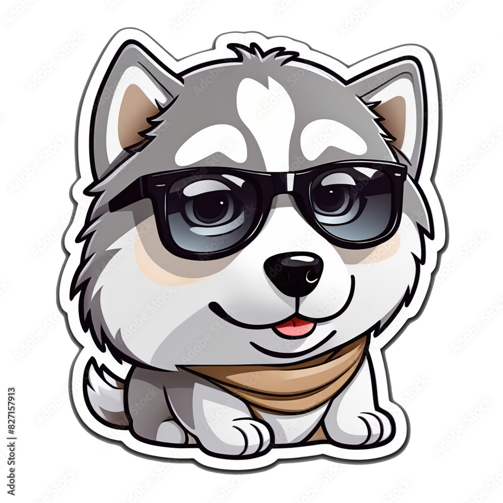 Obraz premium Siberian Husky dog with sunglass cartoon 2d sticker chibi in remove white background for book art decorate custom style.ai generated