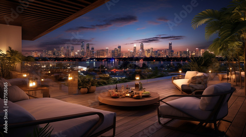 An HDR photograph capturing the elegance of a rooftop lounge set amongst lush palm trees, with panoramic views of a bustling cityscape at twilight. © Raziq