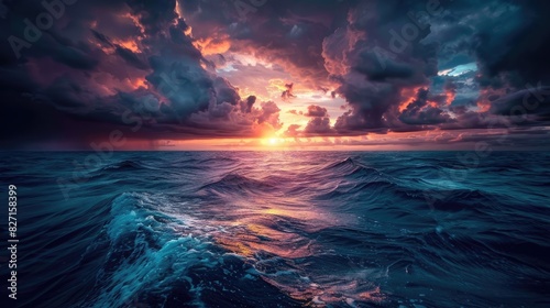 Scenic sunset over the ocean with dark clouds