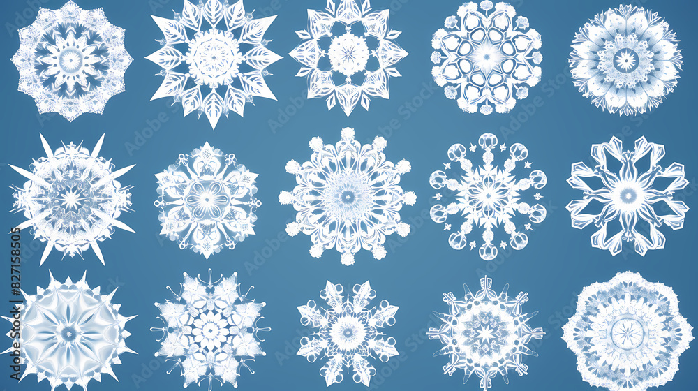 Beautiful set white snowflakes on a blue background for winter design.Vector illustration decor Beautiful set white snowflakes on a blue background for winter design.Vector illustration decor