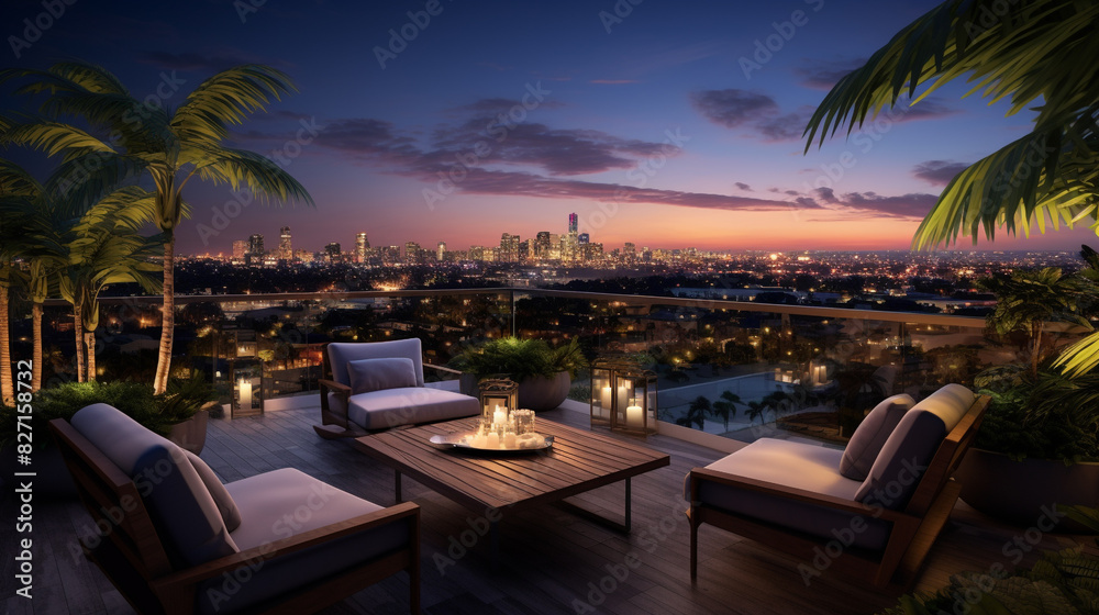 Fototapeta premium An HDR photograph capturing the elegance of a rooftop lounge set amongst lush palm trees, with panoramic views of a bustling cityscape at twilight.
