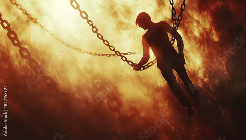 A man is hanging from chains in a fiery sky photo