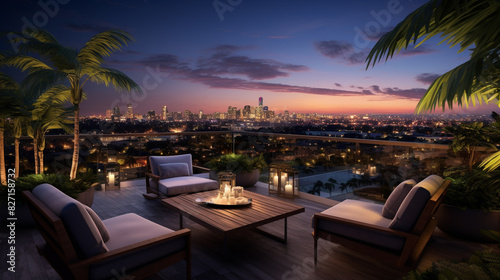 An HDR photograph capturing the elegance of a rooftop lounge set amongst lush palm trees, with panoramic views of a bustling cityscape at twilight.