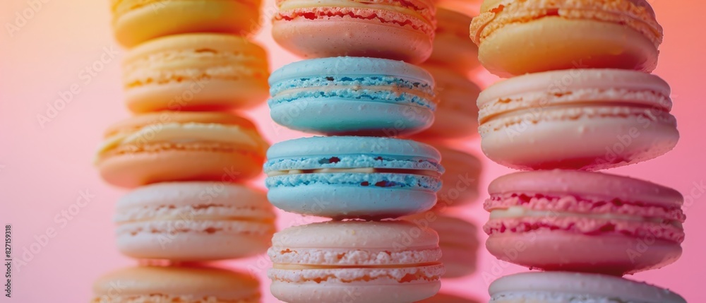 Craft a visually enticing scene featuring macarons towering in a delicate Craft a visually enticing scene featuring macarons towering in a delicate