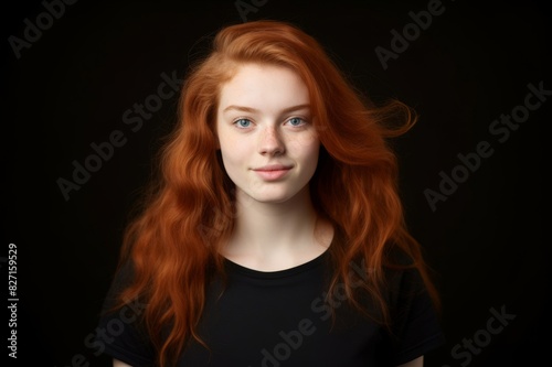 Studio portrait of 22 year old red-haired woman Close up studio portrait of 22 year old red-haired woman in black t-shirt on black background