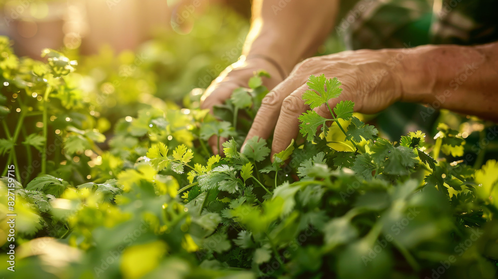 Eye-level angle photo of a gardeners hands carefully tending to vibrant, fresh coriander, soft sunlight filtering through leaves, focus on texture and greenery, photorealistic Eye-level angle photo of a gardeners hands carefully tending to vibrant, fresh coriander, soft sunlight filtering through leaves, focus on texture and greenery, photorealistic
